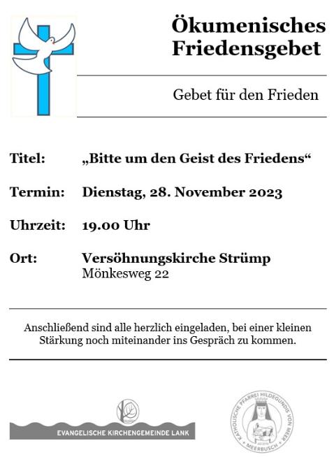 2023-11-28 Plakat Friedensgebet (c) Pfarrei Hildegundis von Meer